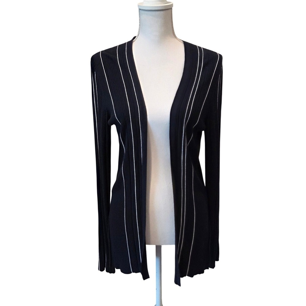 Theory Hankson‎ Cardi Prosecco Open Front Ribbed Pinstripe Navy White Large